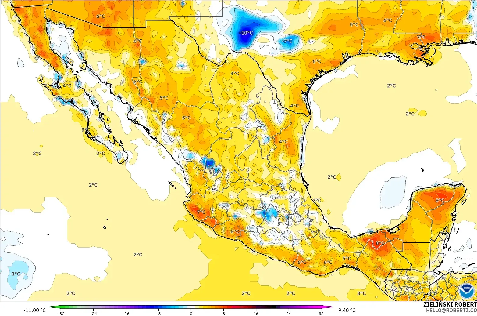 GFS modelo - México, Anomalía de temperatura a 2 m