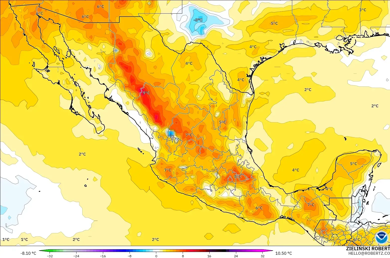 GFS modelo - México, Anomalía de temperatura a 850 hPa