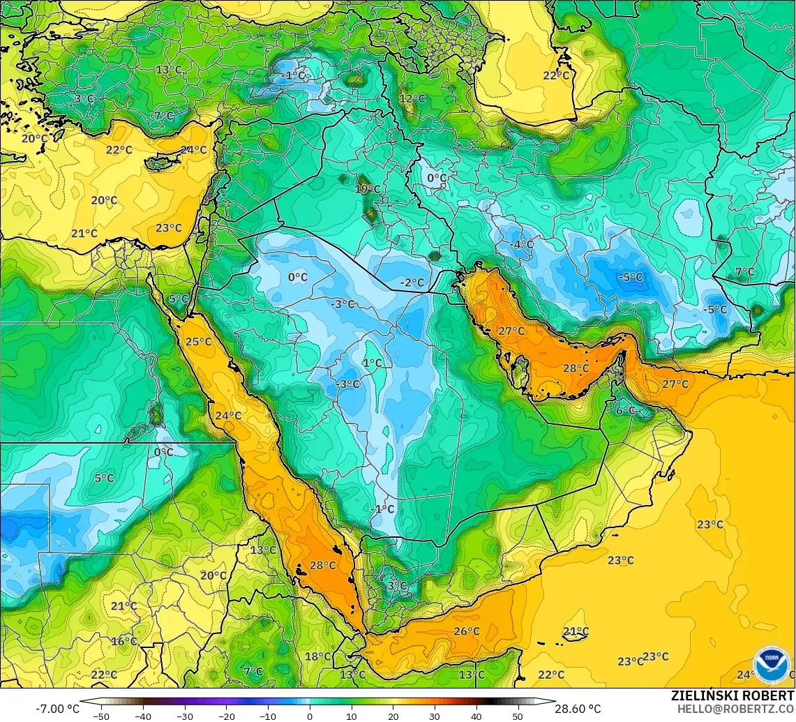 GFS modelo - Oriente Medio, Punto de rocío a 2 m