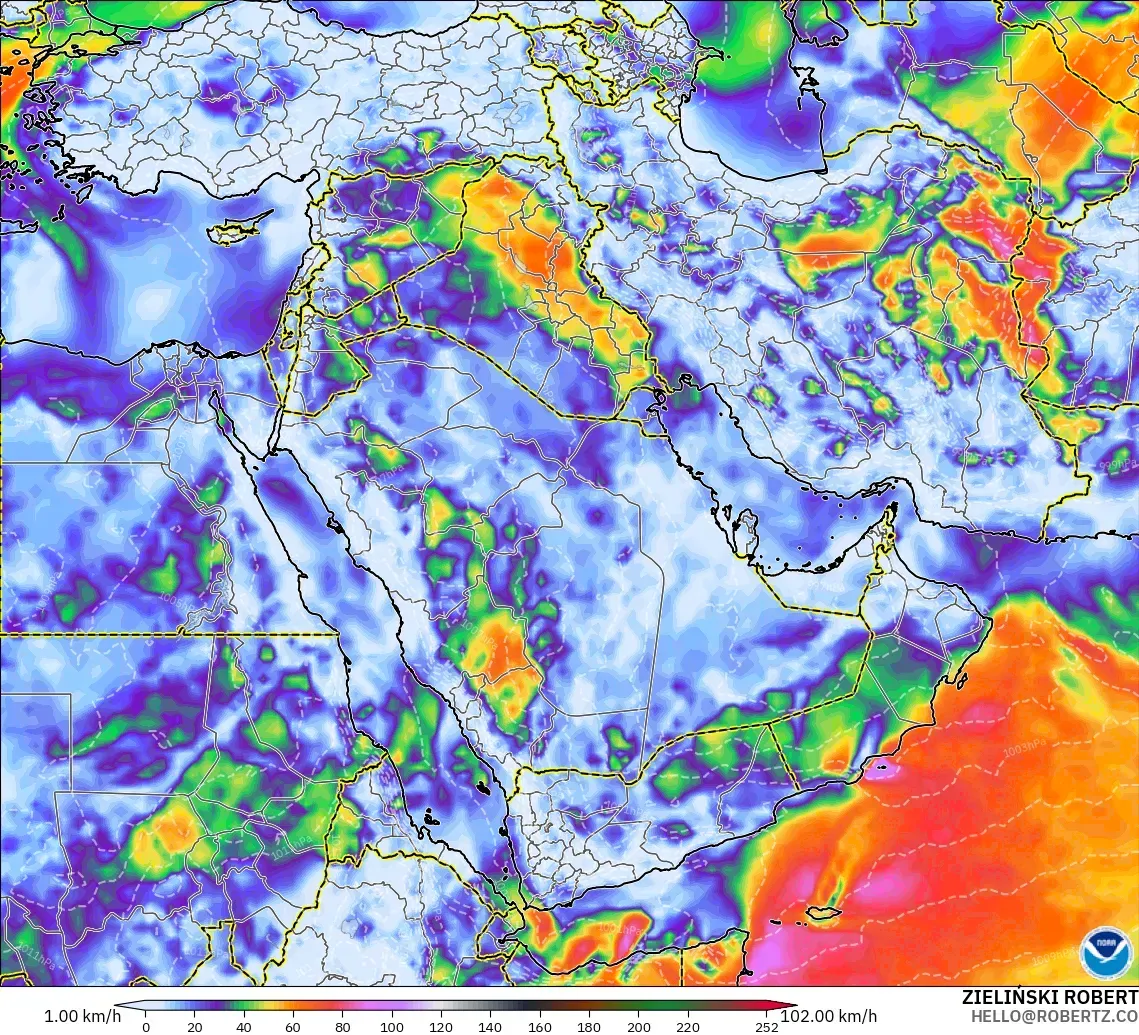 GFS modelo - Oriente Medio, Ráfagas de viento