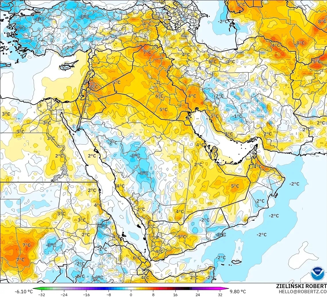 GFS modelo - Oriente Medio, Anomalía de temperatura a 2 m