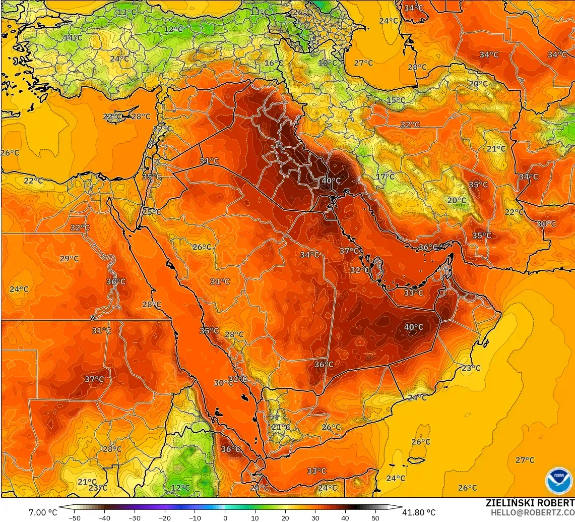 GFS modelo - Oriente Medio, Temperatura a 2 m