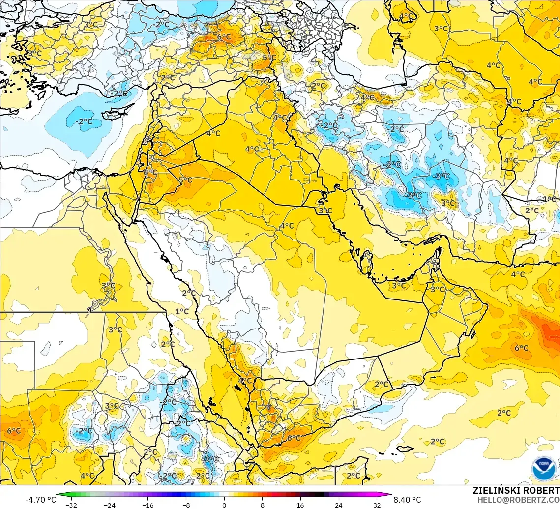 GFS modelo - Oriente Medio, Anomalía de temperatura a 850 hPa