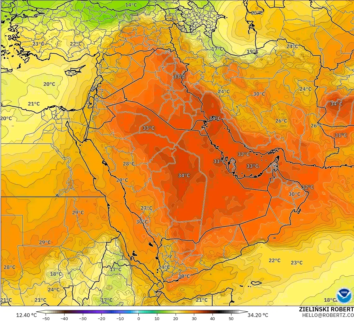 GFS modelo - Oriente Medio, Temperatura a 850 hPa