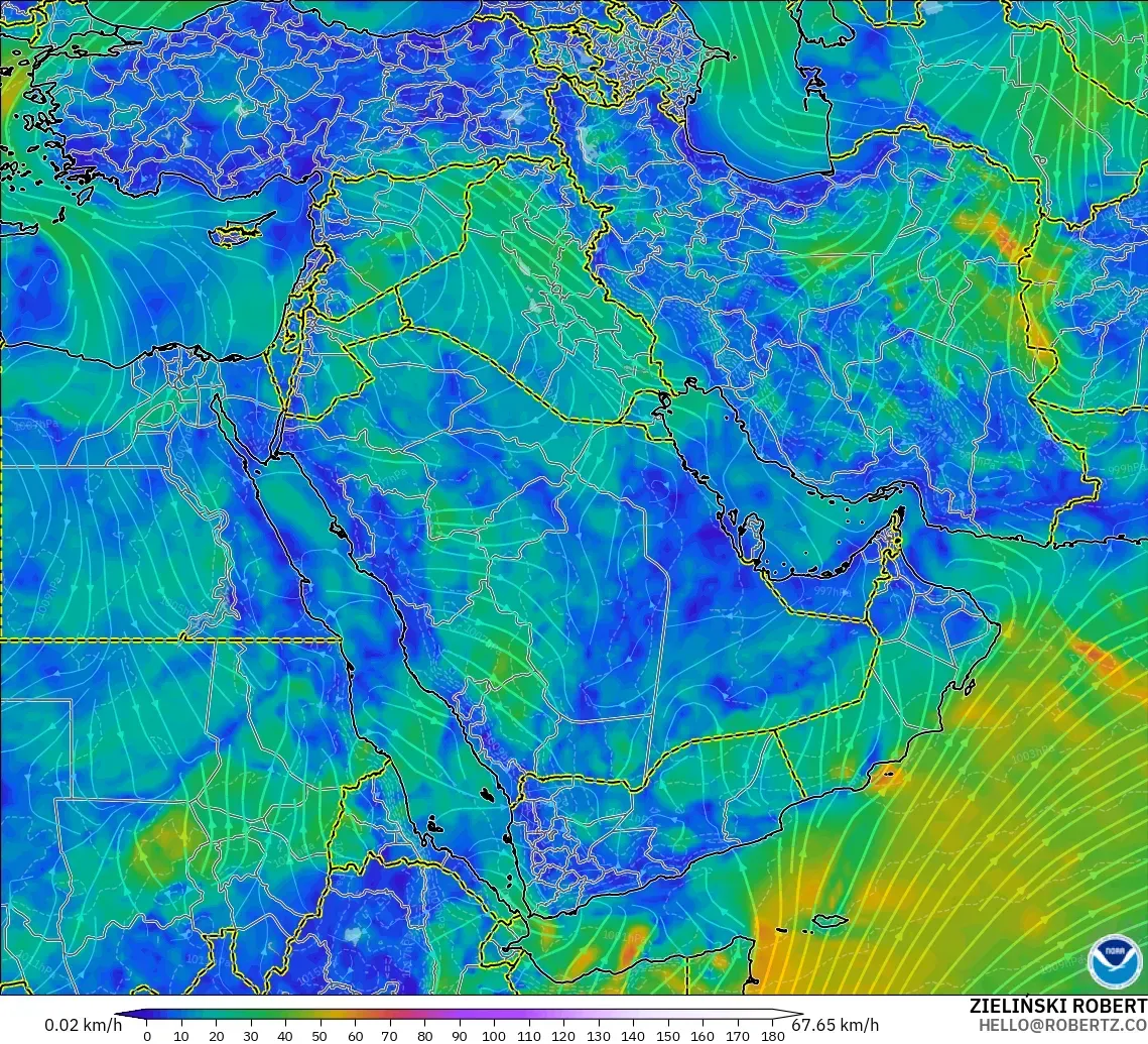 GFS modelo - Oriente Medio, Viento a 10 m