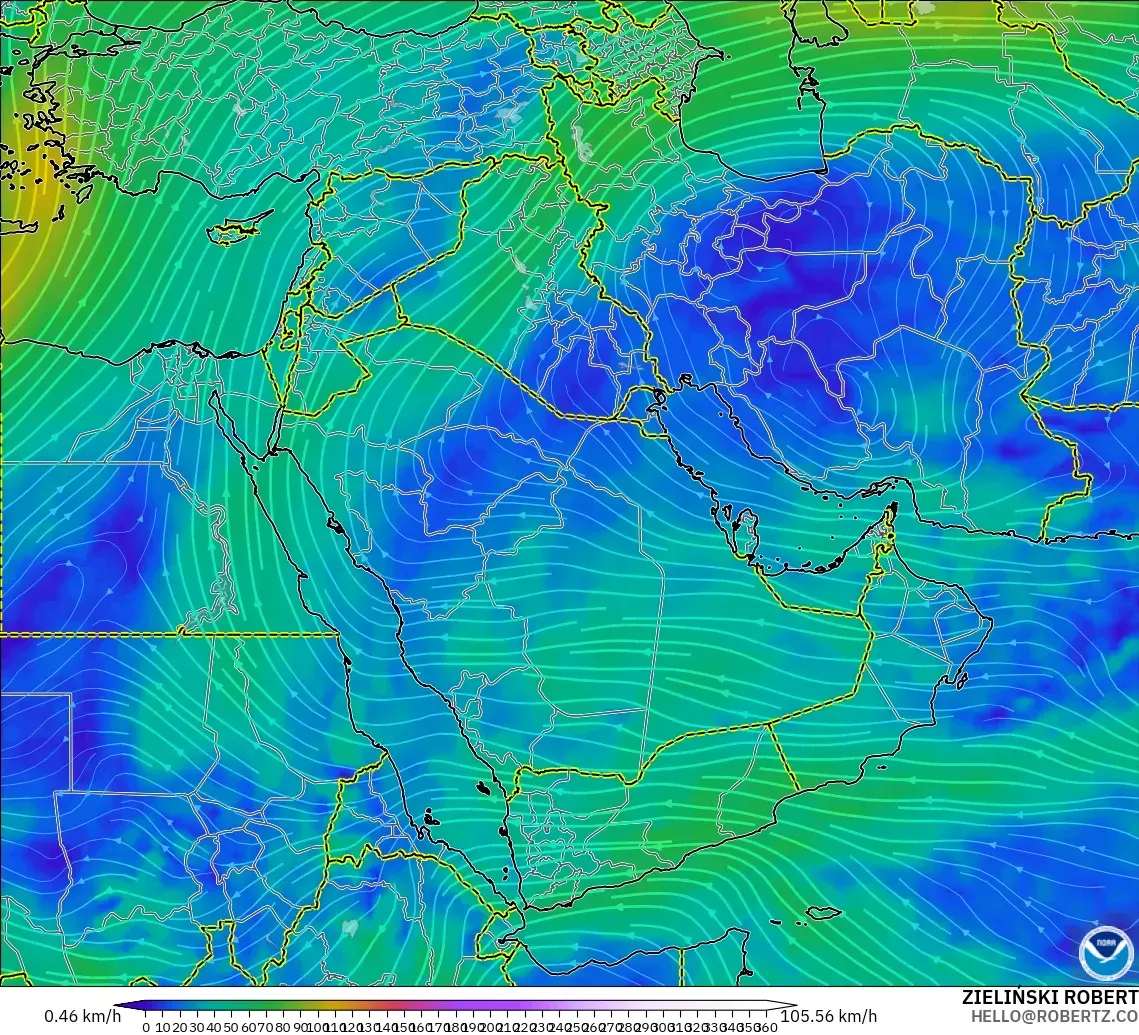 GFS modelo - Oriente Medio, Viento a 300 hPa (corriente en chorro)