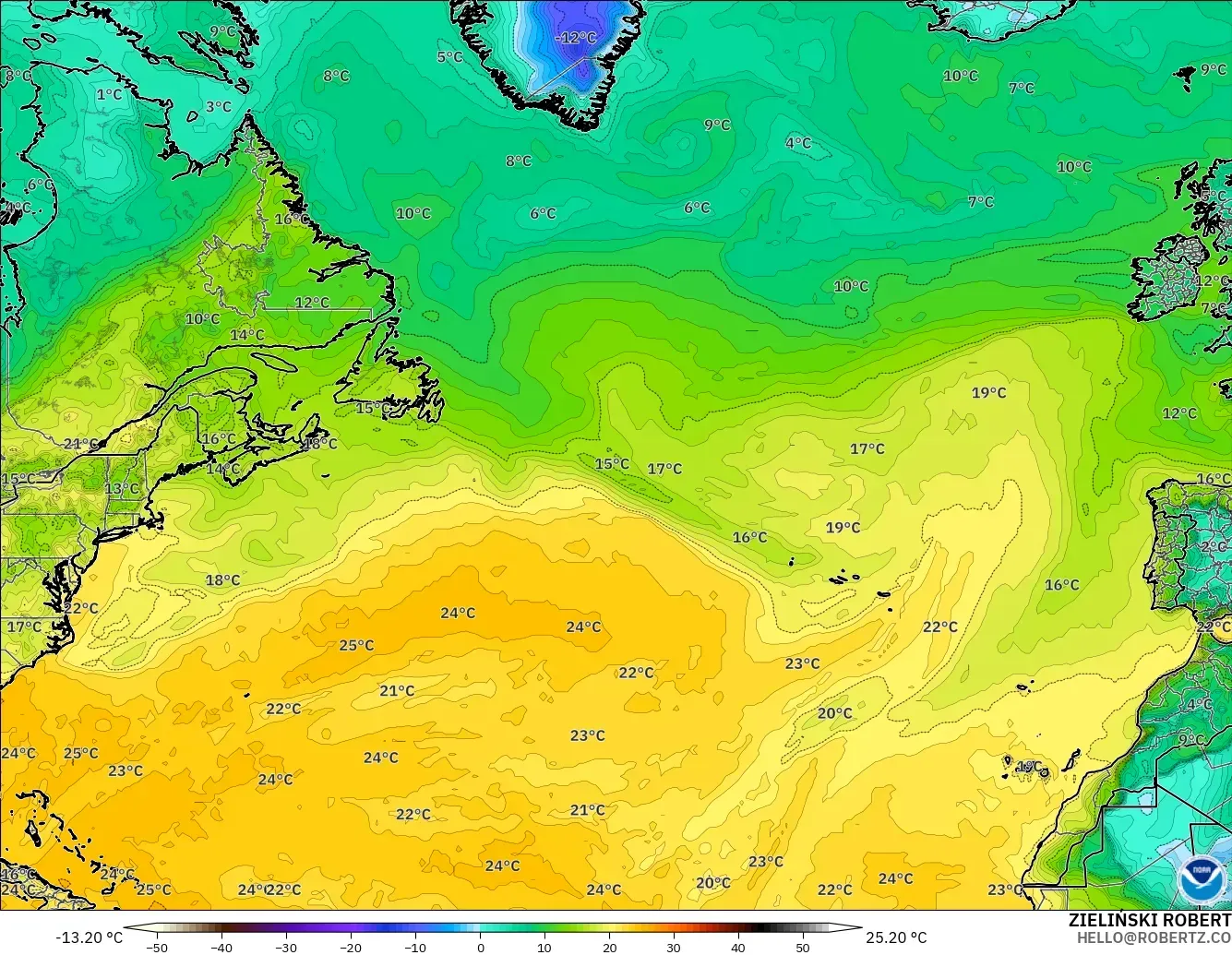 GFS modelo - Norte Atlántico, Punto de rocío a 2 m