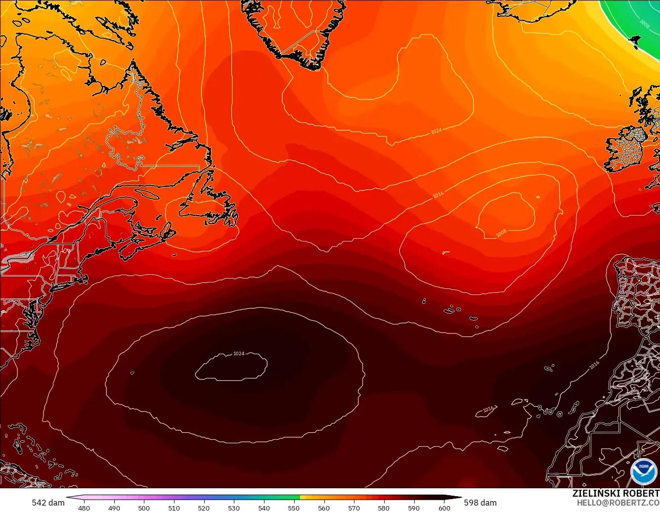 GFS modelo - Norte Atlántico, Altura geopotencial a 500 hPa