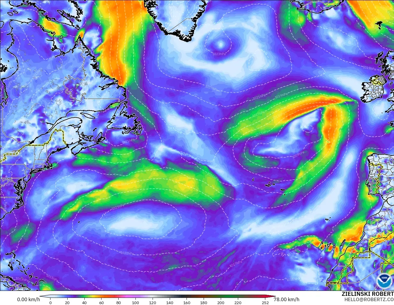 GFS modelo - Norte Atlántico, Ráfagas de viento