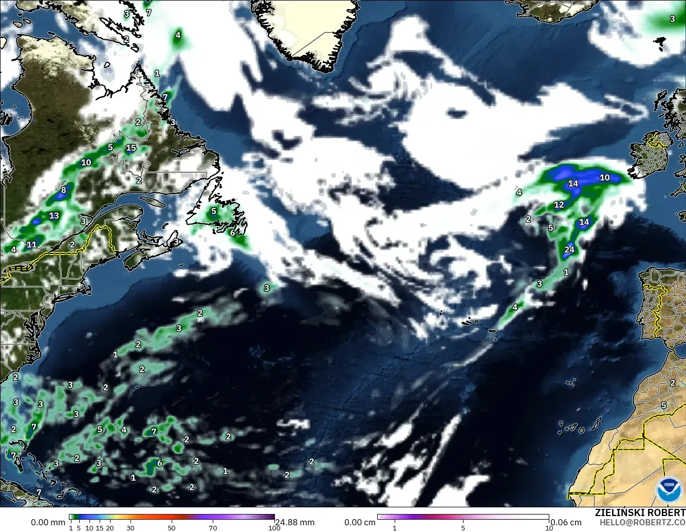 GFS modelo - Norte Atlántico, Precipitación, nubes y presión