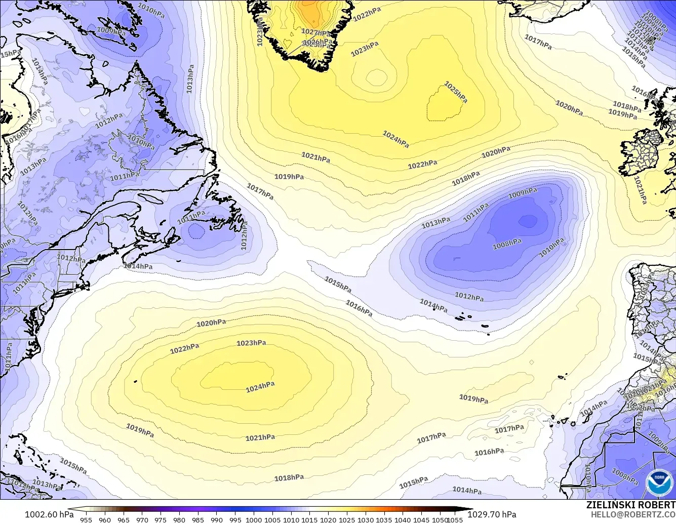 GFS modelo - Norte Atlántico, Presión