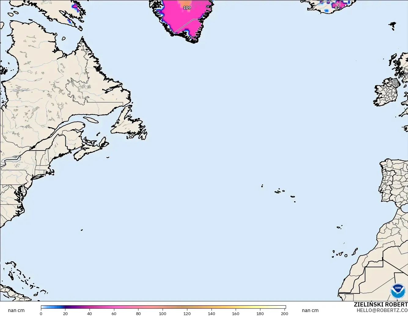 GFS modelo - Norte Atlántico, Profundidad de nieve
