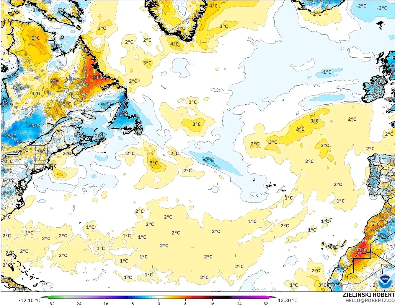GFS modelo - Norte Atlántico, Anomalía de temperatura a 2 m