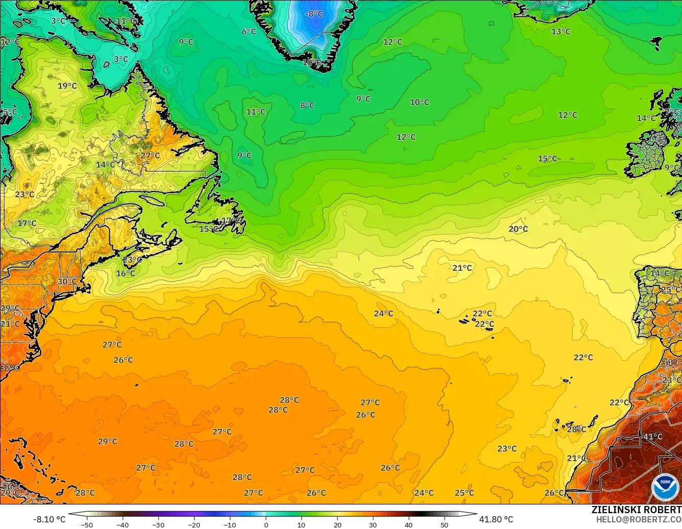 GFS modelo - Norte Atlántico, Temperatura a 2 m
