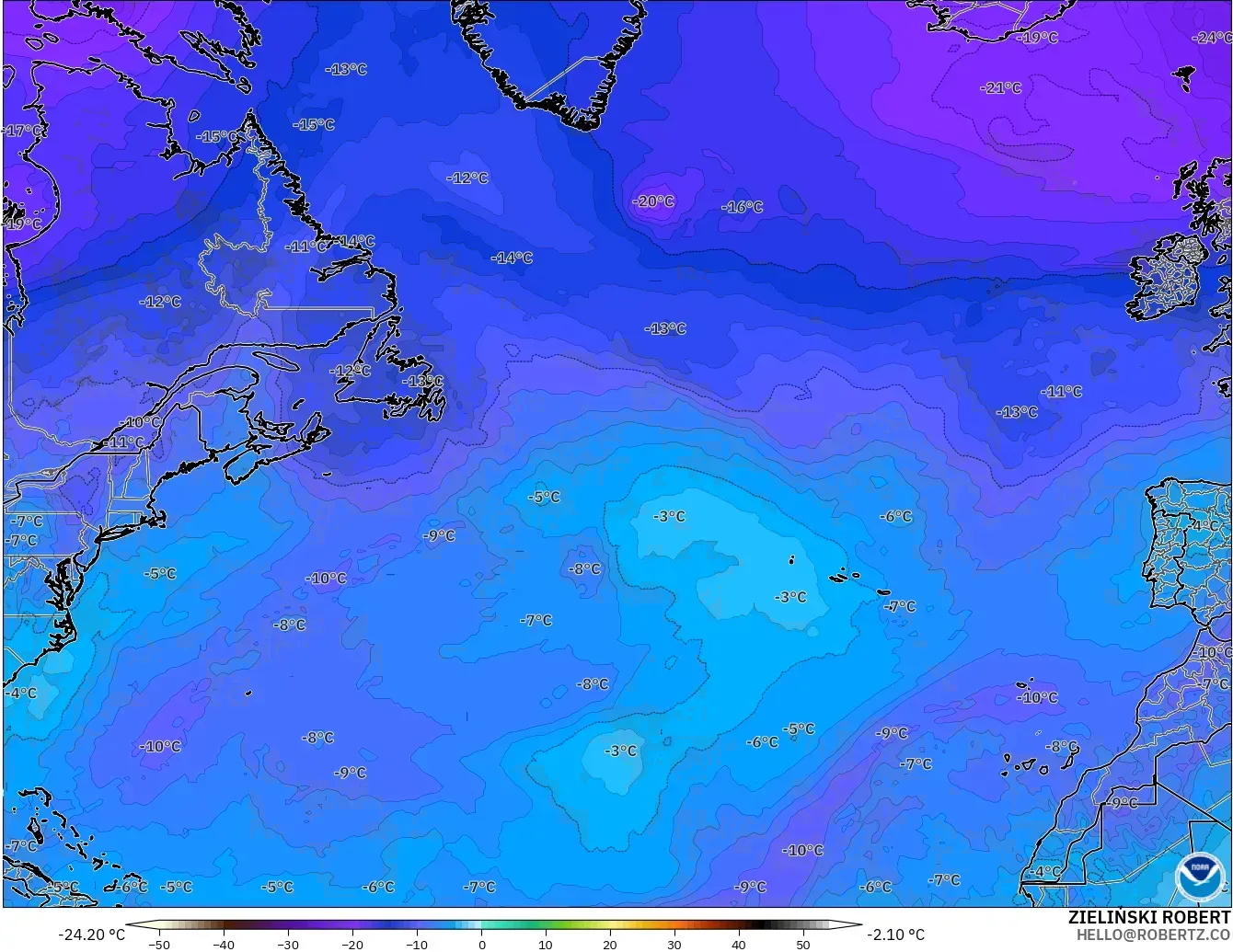 GFS modelo - Norte Atlántico, Temperatura a 500 hPa