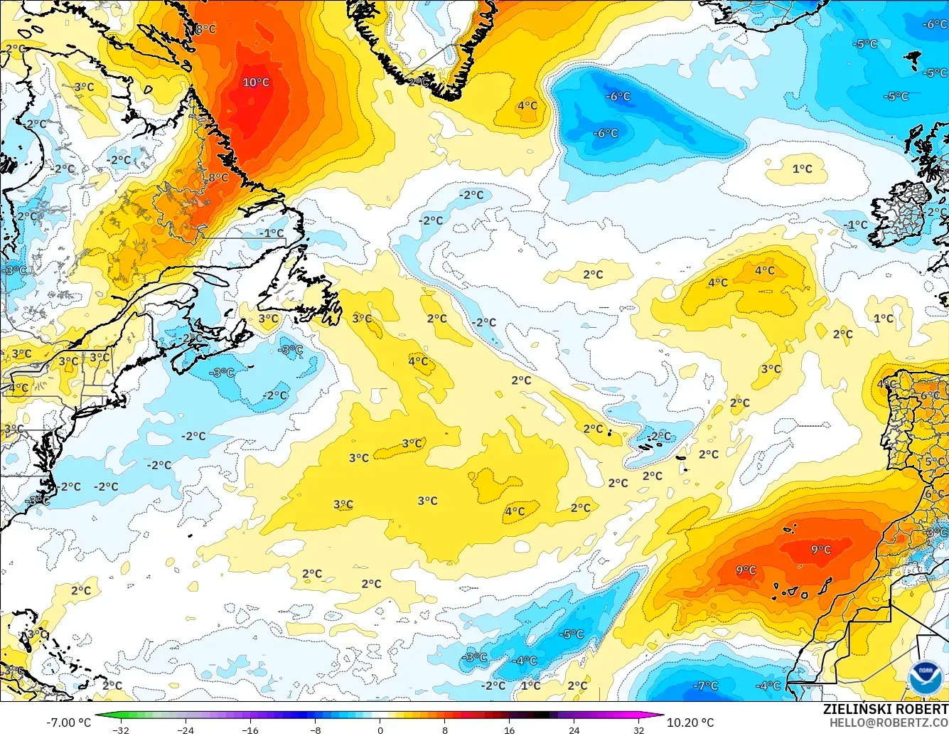 GFS modelo - Norte Atlántico, Anomalía de temperatura a 850 hPa
