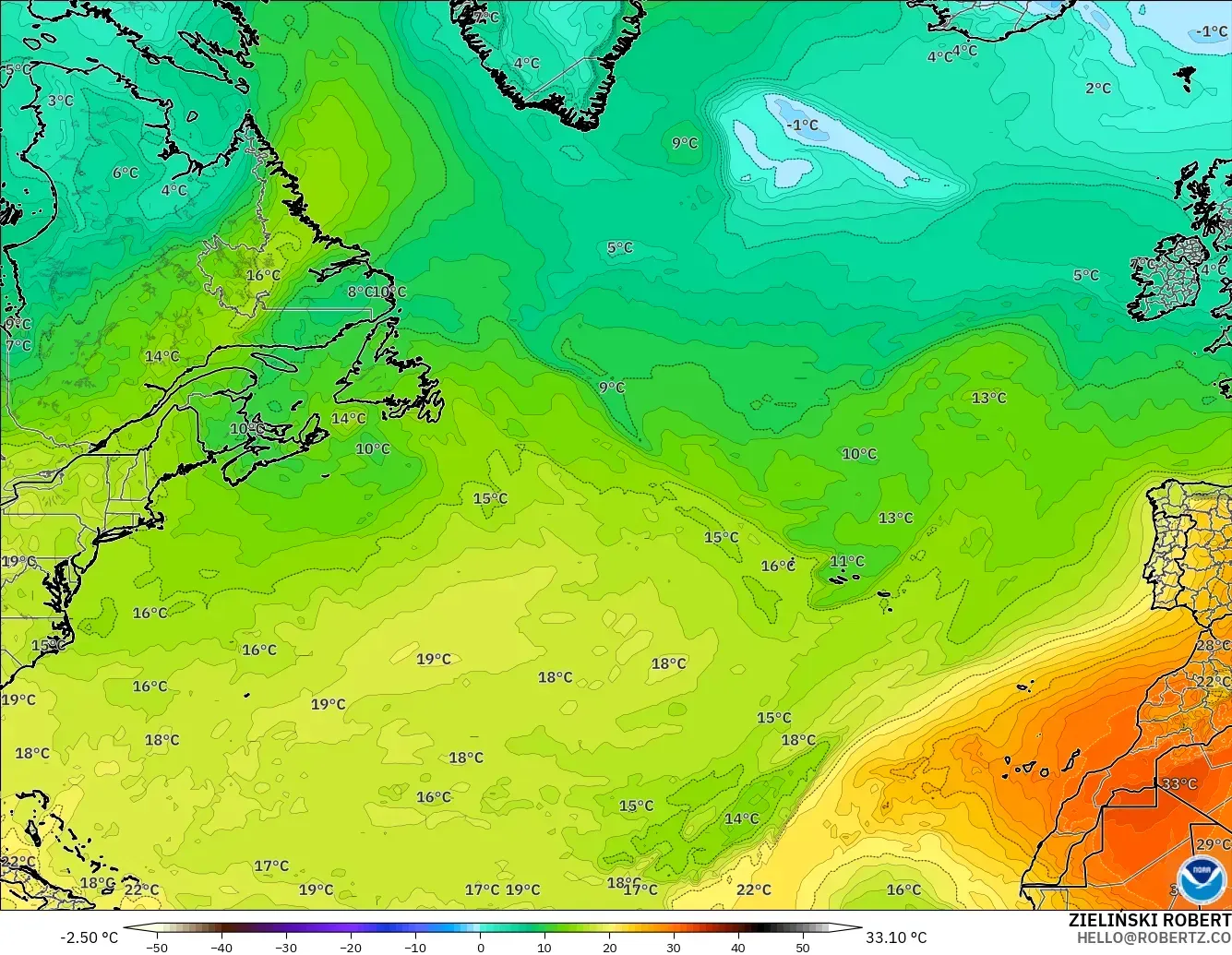 GFS modelo - Norte Atlántico, Temperatura a 850 hPa