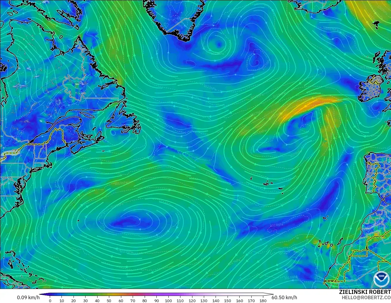 GFS modelo - Norte Atlántico, Viento a 10 m