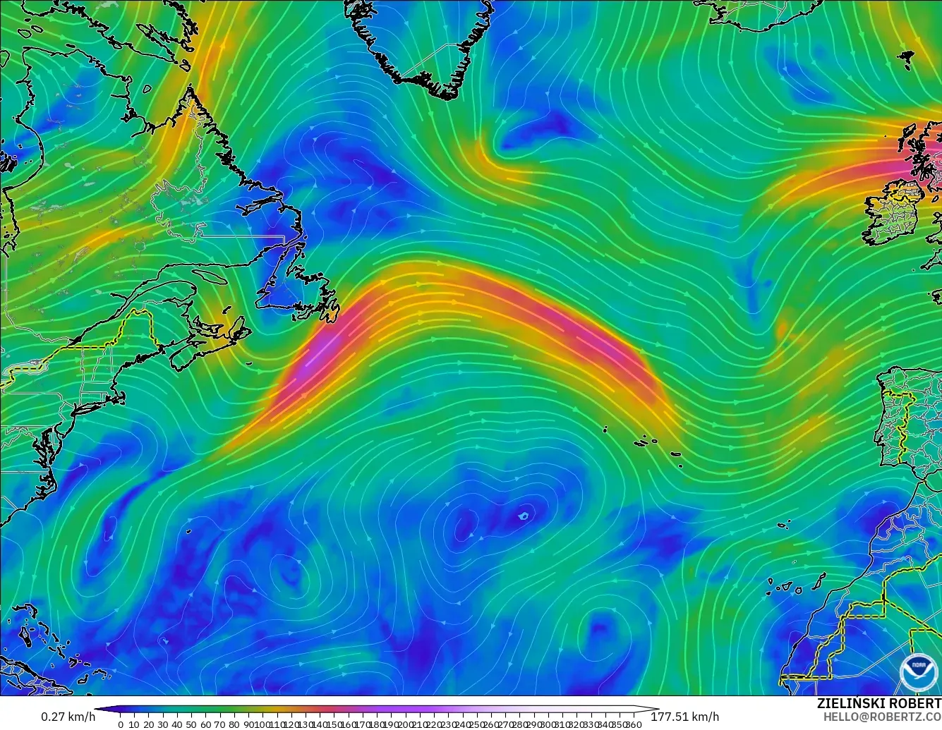 GFS modelo - Norte Atlántico, Viento a 300 hPa (corriente en chorro)