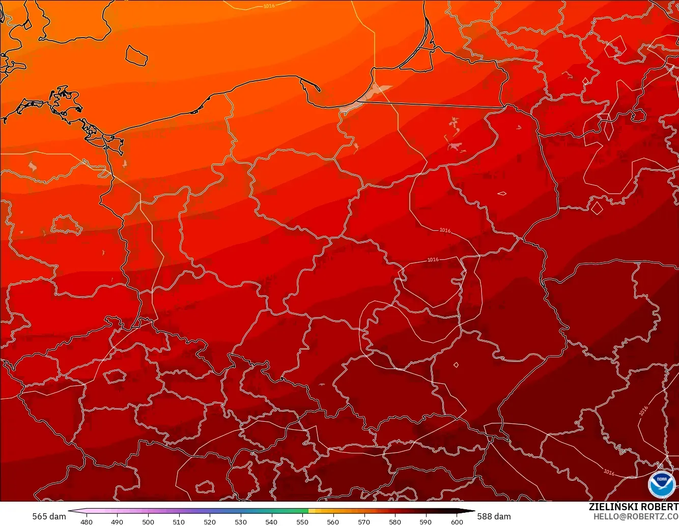 GFS modelo - Polonia, Altura geopotencial a 500 hPa