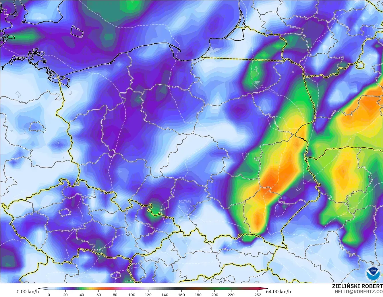 GFS modelo - Polonia, Ráfagas de viento