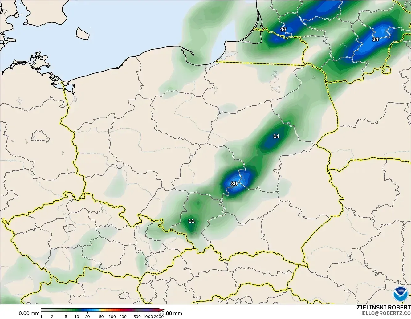 GFS modelo - Polonia, Acumulación de precipitación