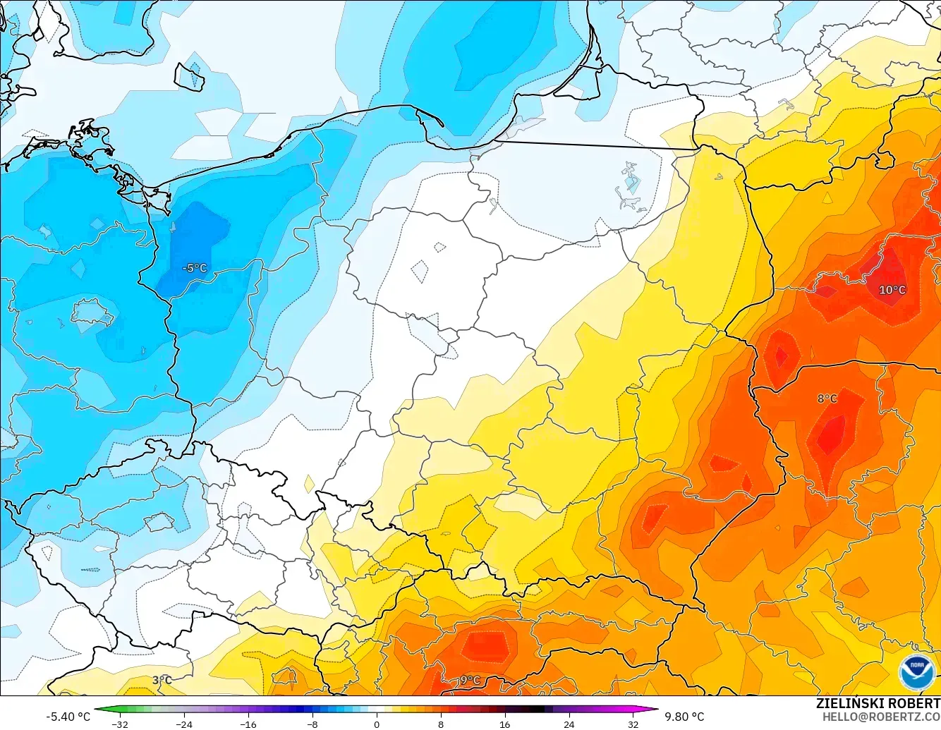 GFS modelo - Polonia, Anomalía de temperatura a 2 m