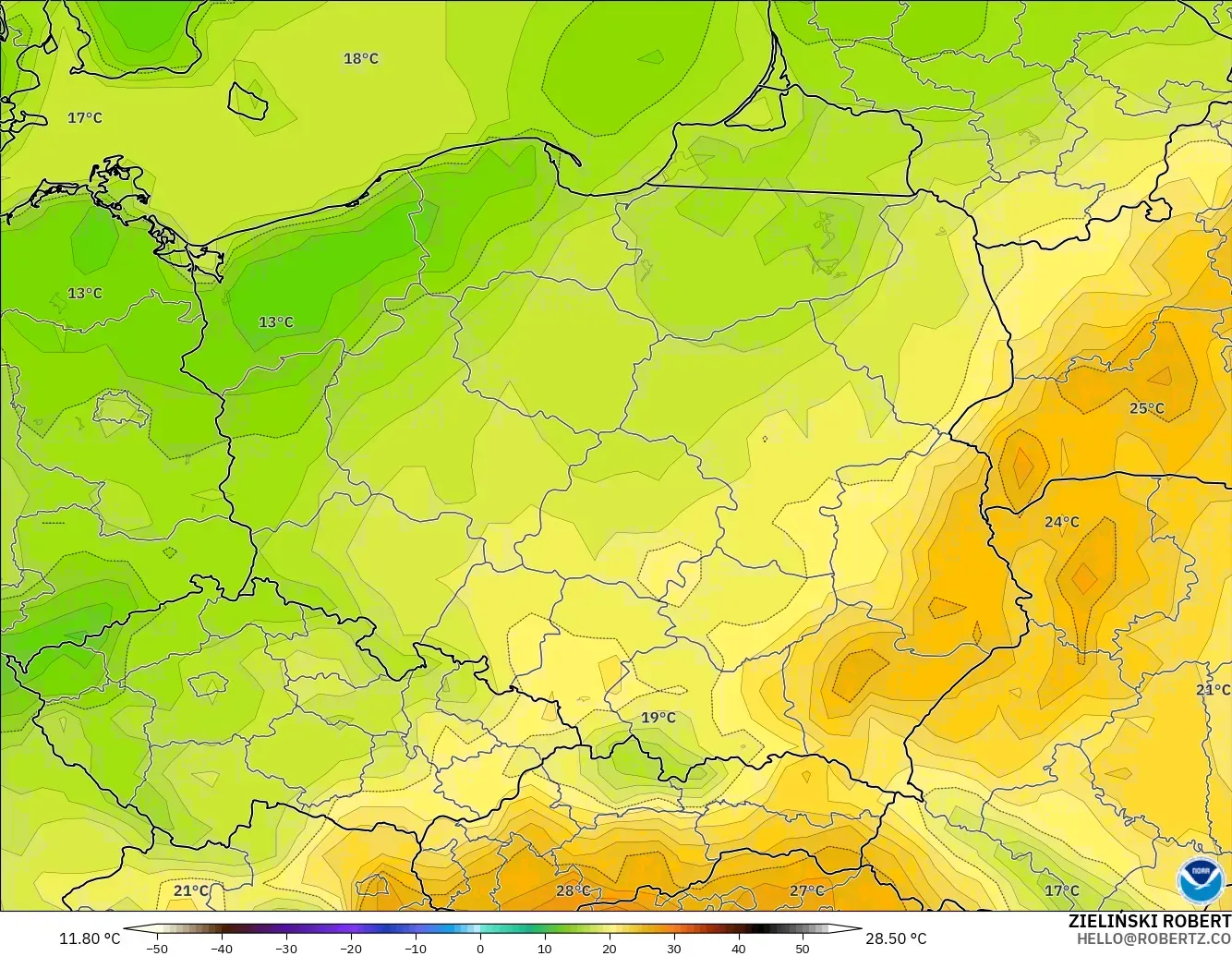 GFS modelo - Polonia, Temperatura a 2 m