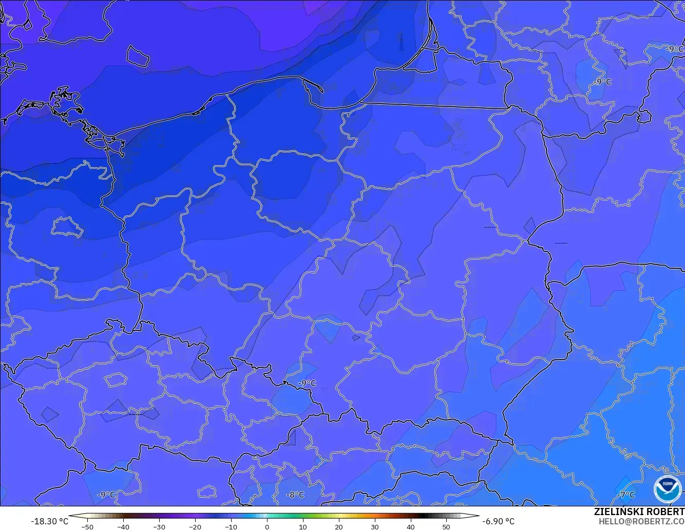 GFS modelo - Polonia, Temperatura a 500 hPa