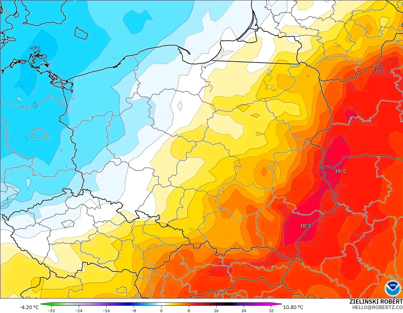 GFS modelo - Polonia, Anomalía de temperatura a 850 hPa