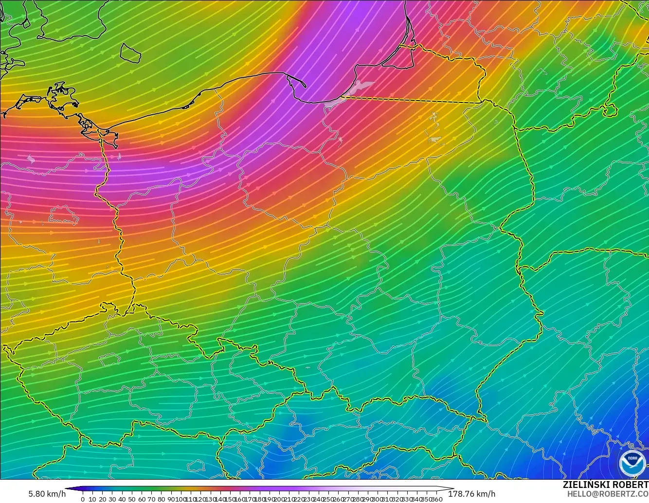 GFS modelo - Polonia, Viento a 300 hPa (corriente en chorro)