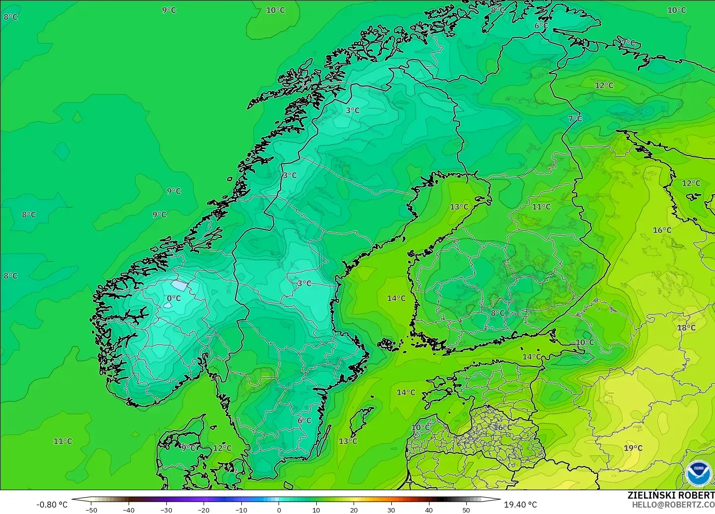 GFS modelo - Escandinavia, Punto de rocío a 2 m