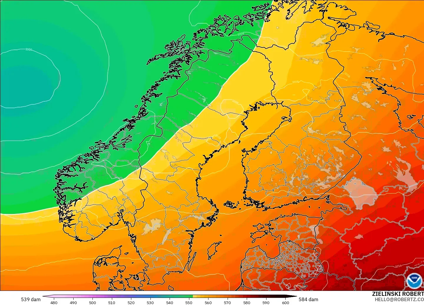 GFS modelo - Escandinavia, Altura geopotencial a 500 hPa