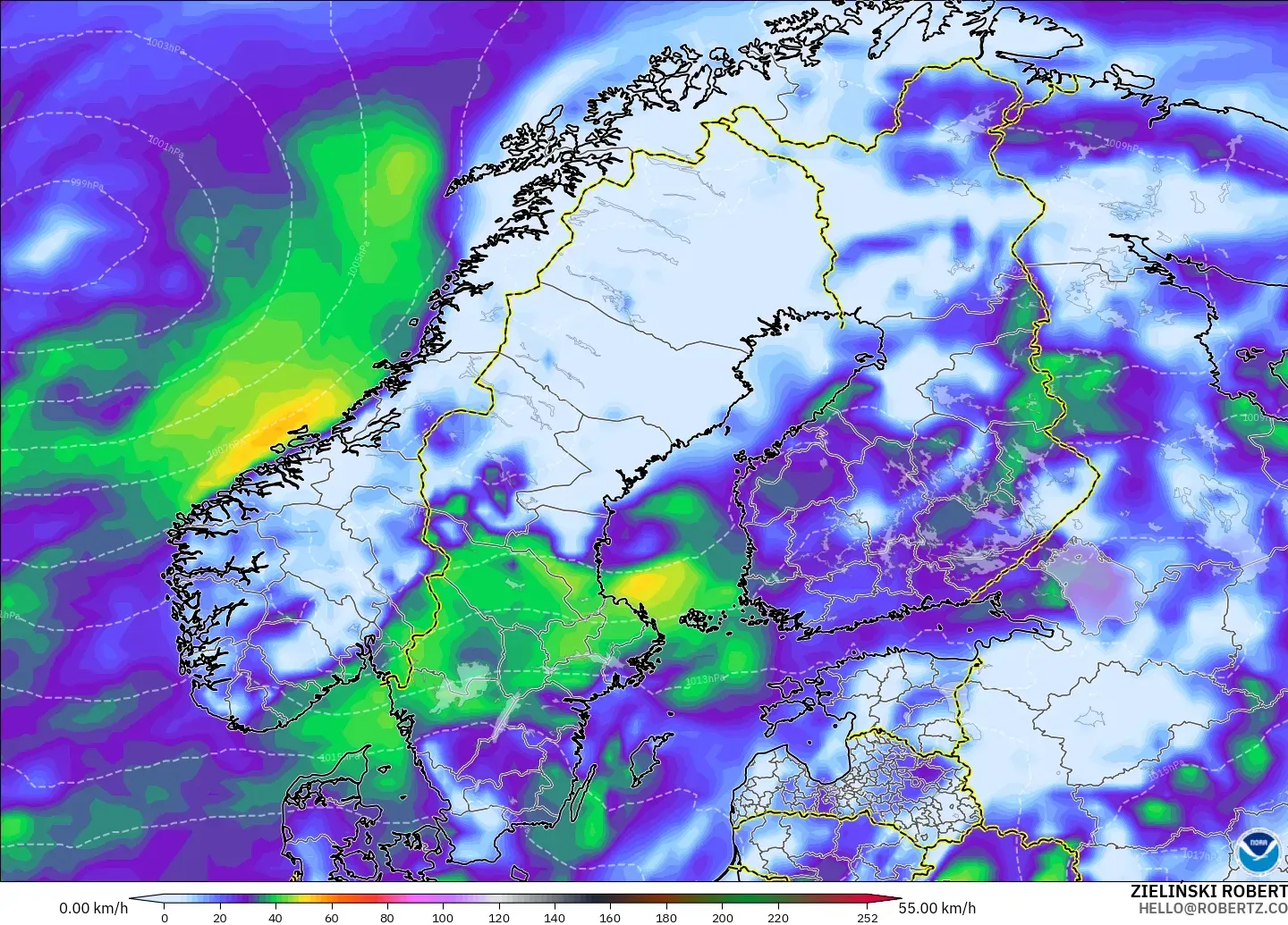 GFS modelo - Escandinavia, Ráfagas de Viento Máximas
