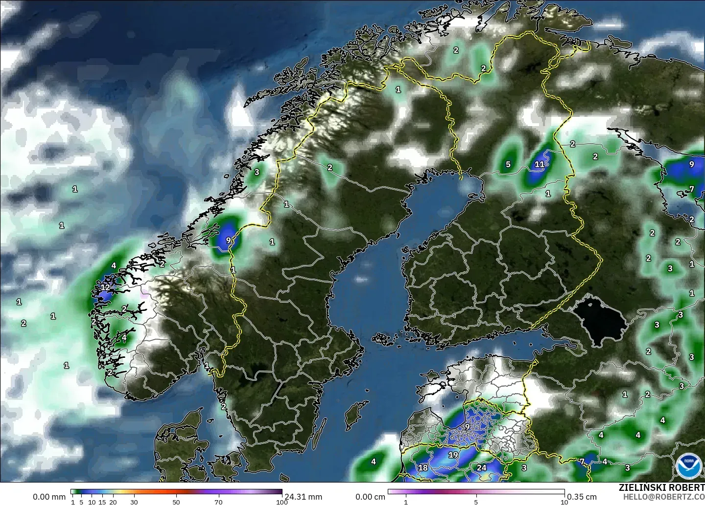 GFS modelo - Escandinavia, Precipitación, nubes y presión