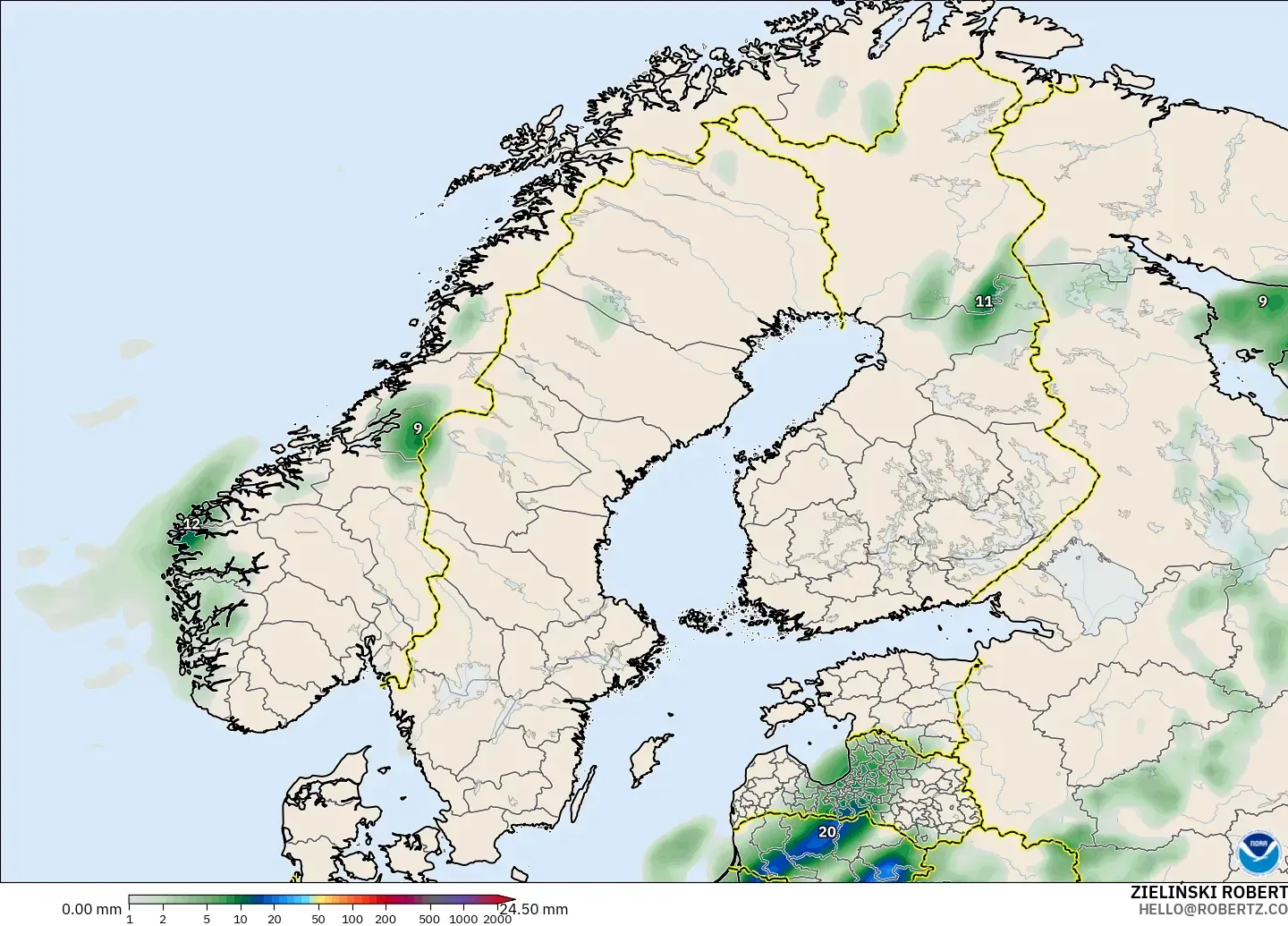 GFS modelo - Escandinavia, Acumulación de precipitación