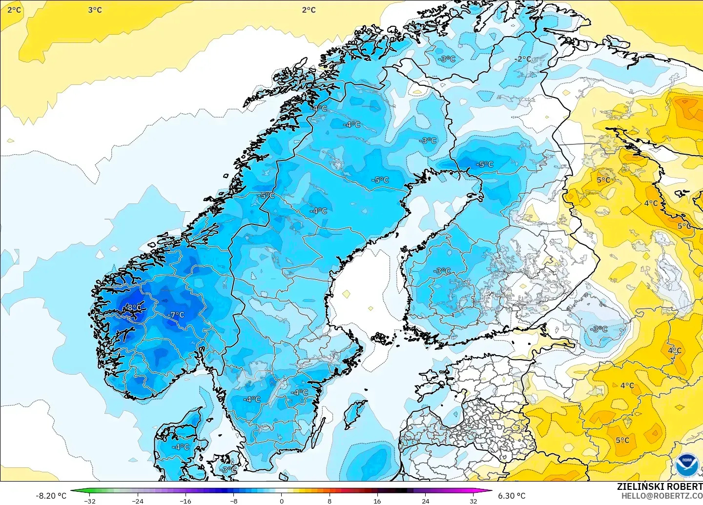 GFS modelo - Escandinavia, Anomalía de temperatura a 2 m