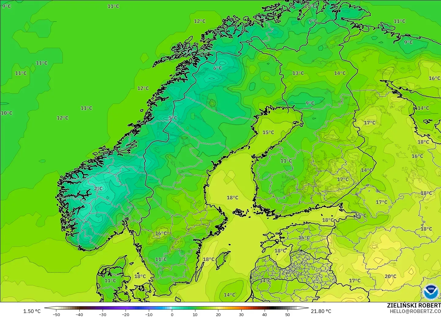 GFS modelo - Escandinavia, Temperatura a 2 m
