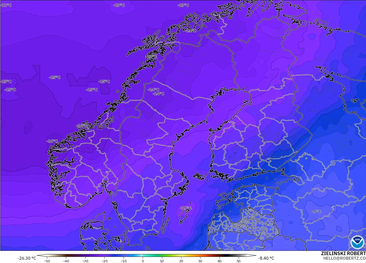 GFS modelo - Escandinavia, Temperatura a 500 hPa
