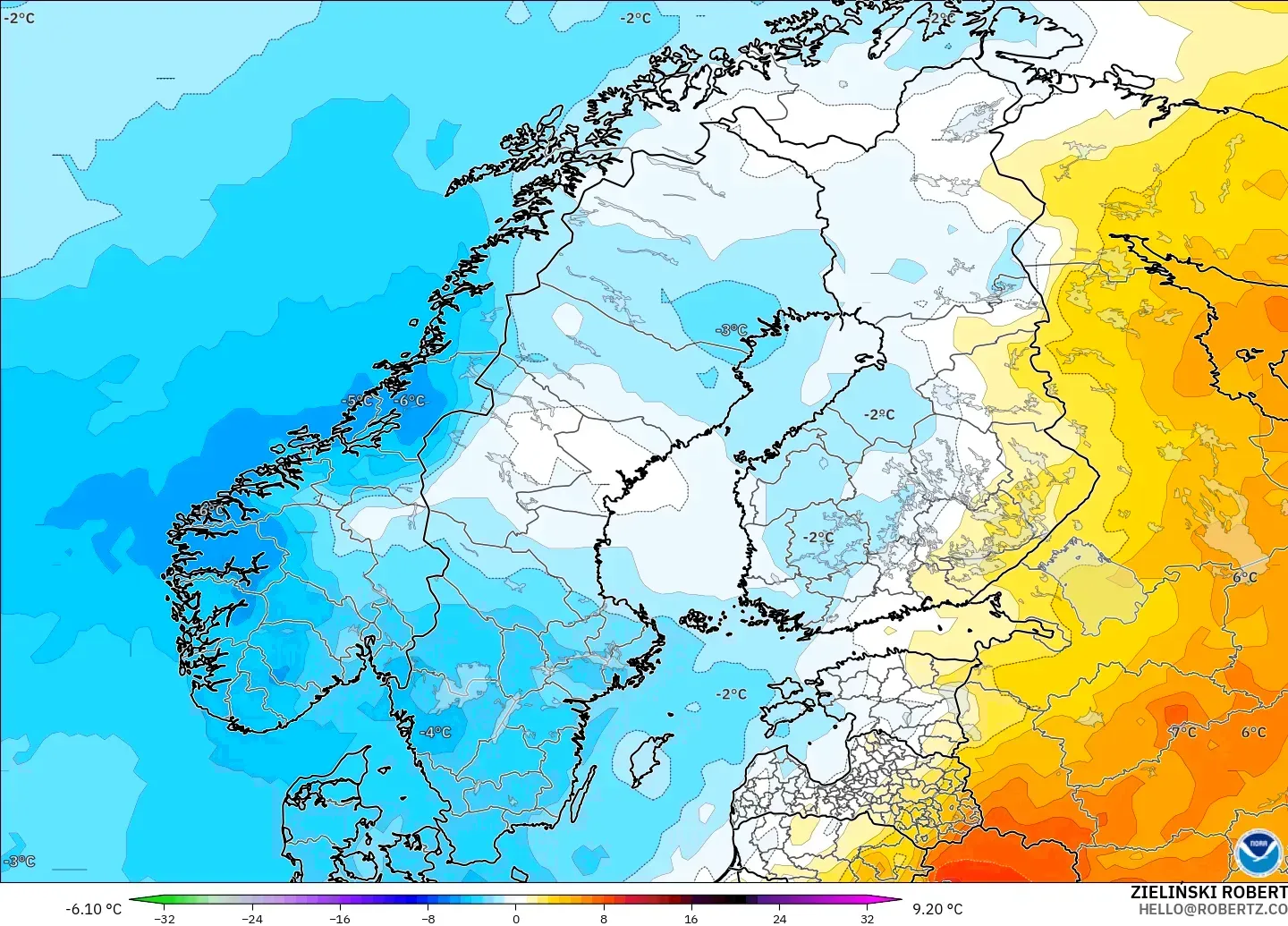 GFS modelo - Escandinavia, Anomalía de temperatura a 850 hPa