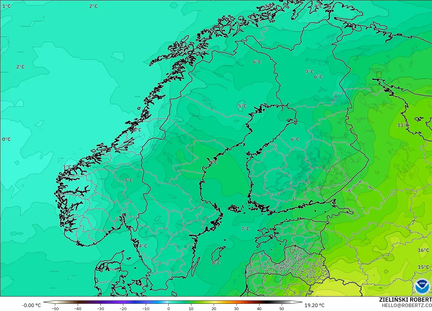 GFS modelo - Escandinavia, Temperatura a 850 hPa