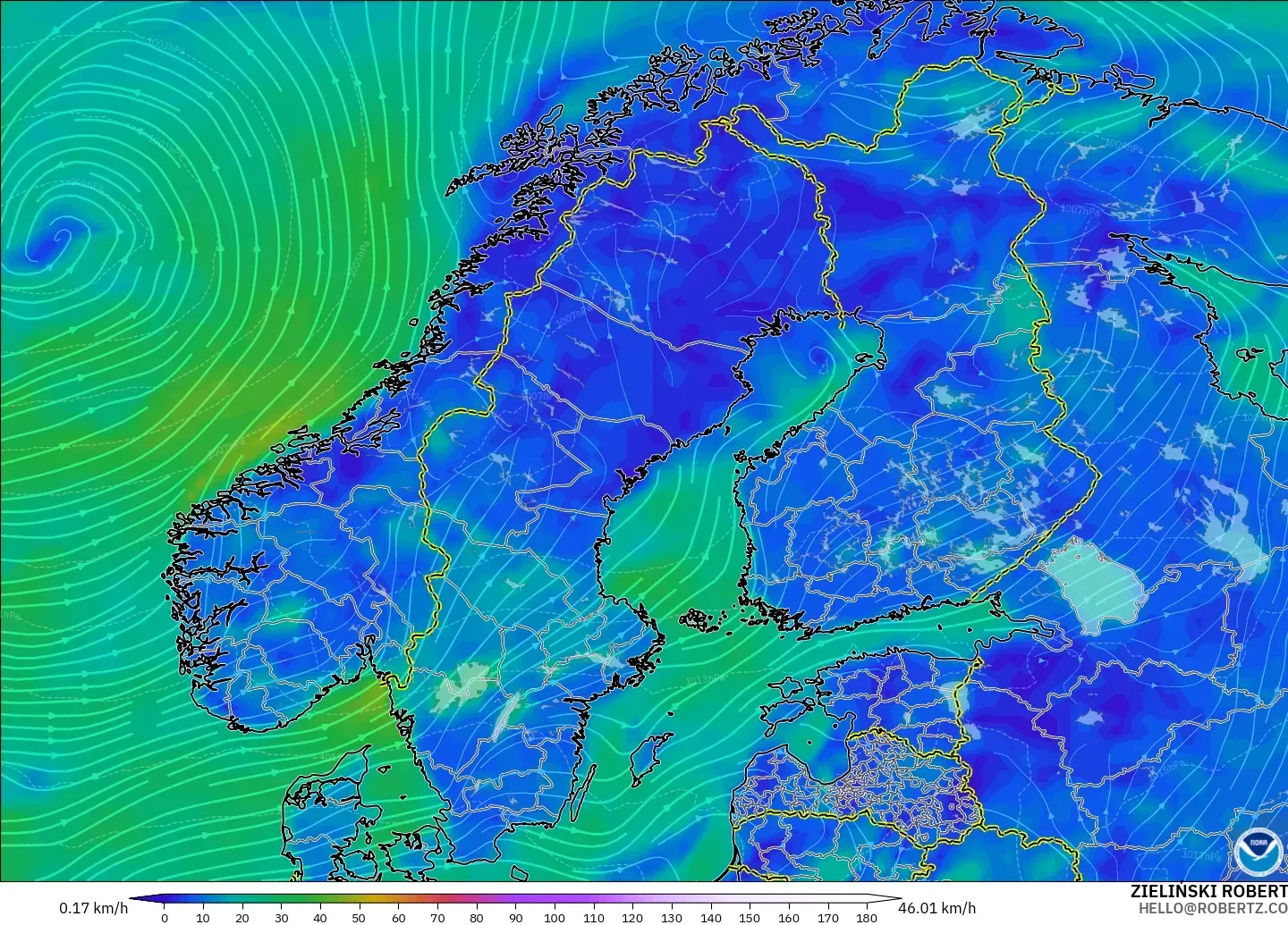 GFS modelo - Escandinavia, Viento a 10 m