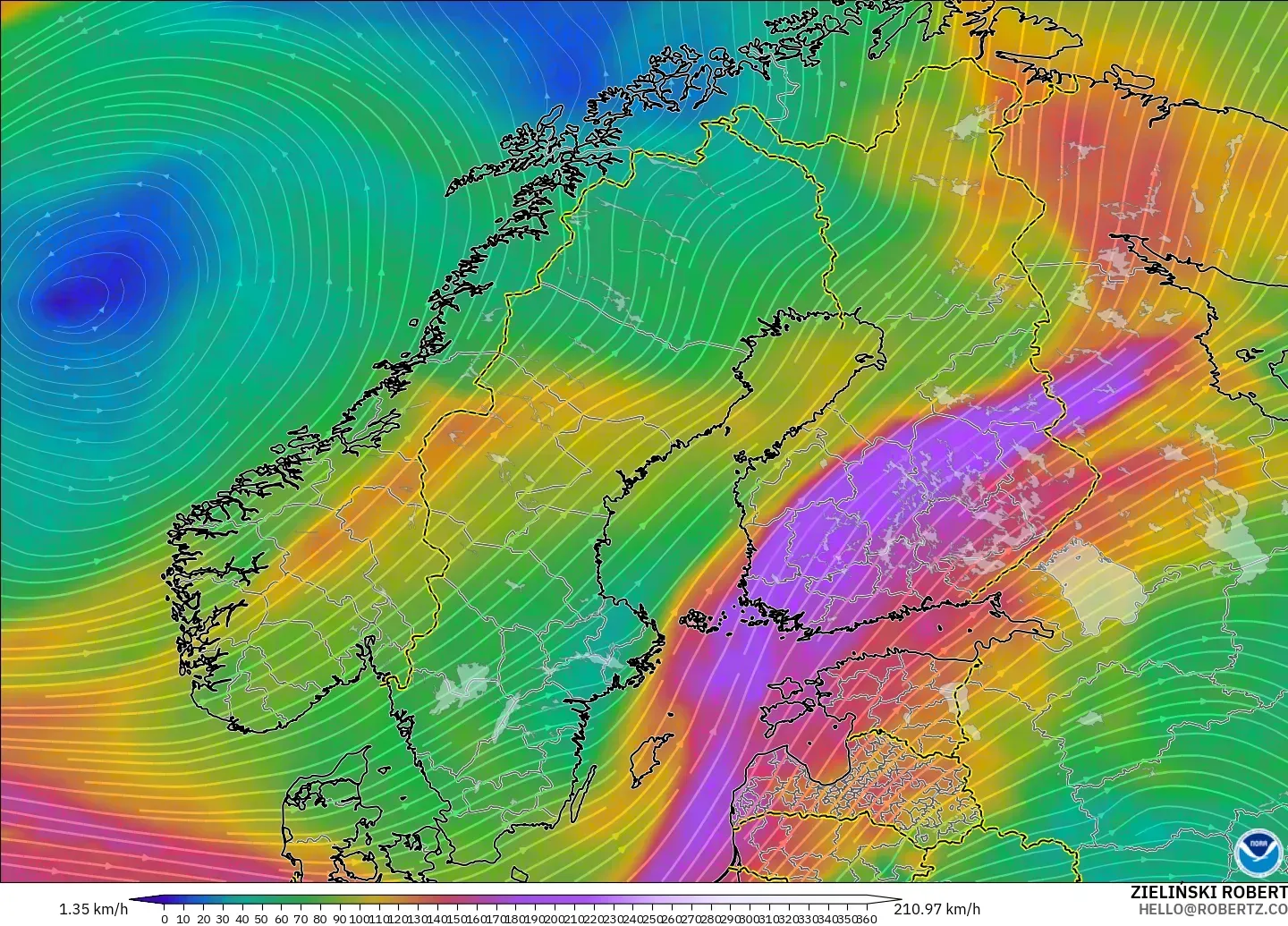 GFS modelo - Escandinavia, Viento a 300 hPa (corriente en chorro)