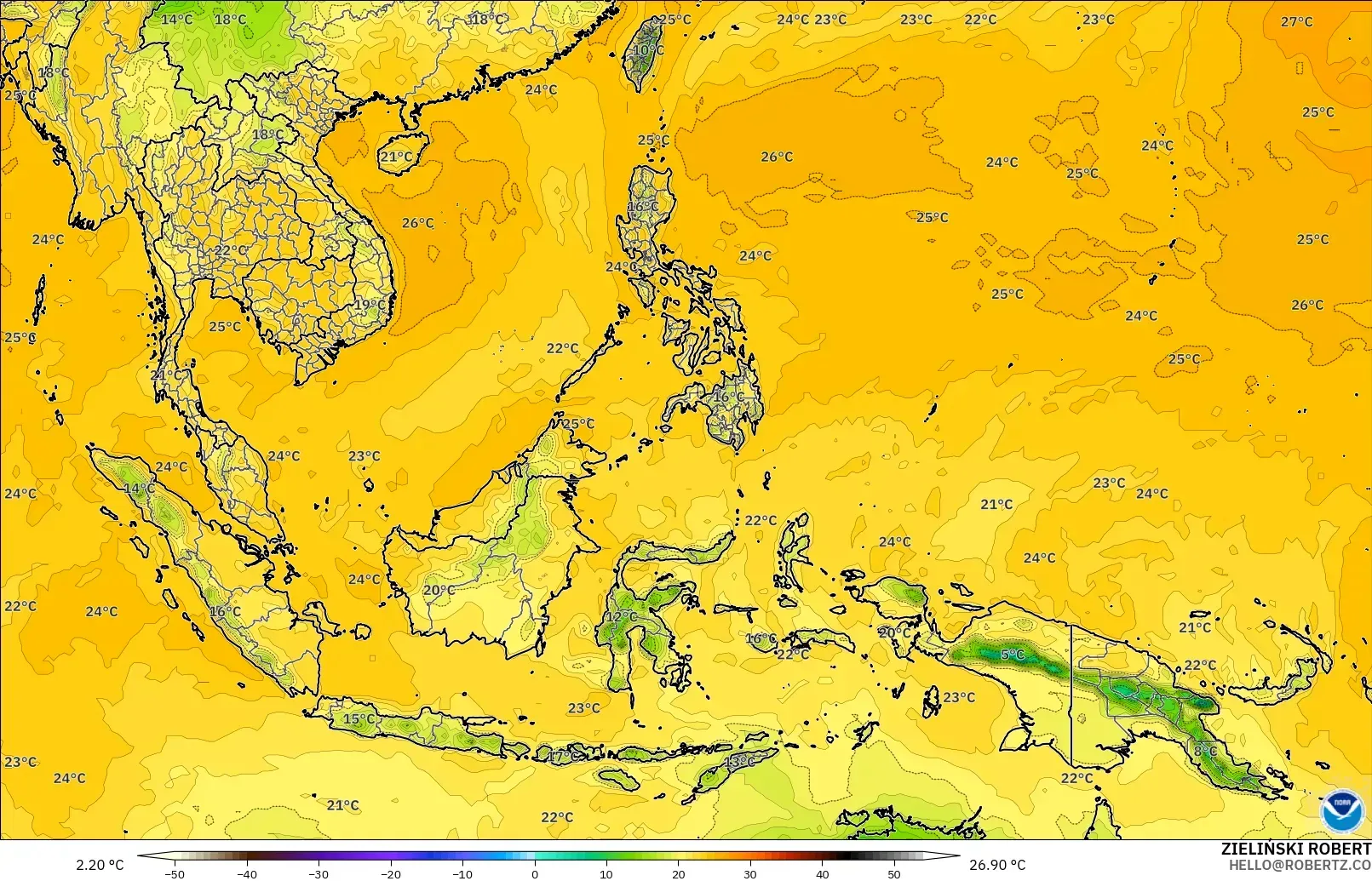 GFS modelo - Sudeste Asiático, Punto de rocío a 2 m