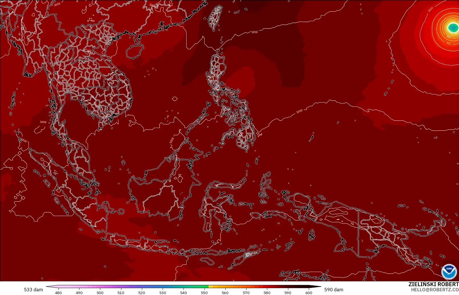 GFS modelo - Sudeste Asiático, Altura geopotencial a 500 hPa