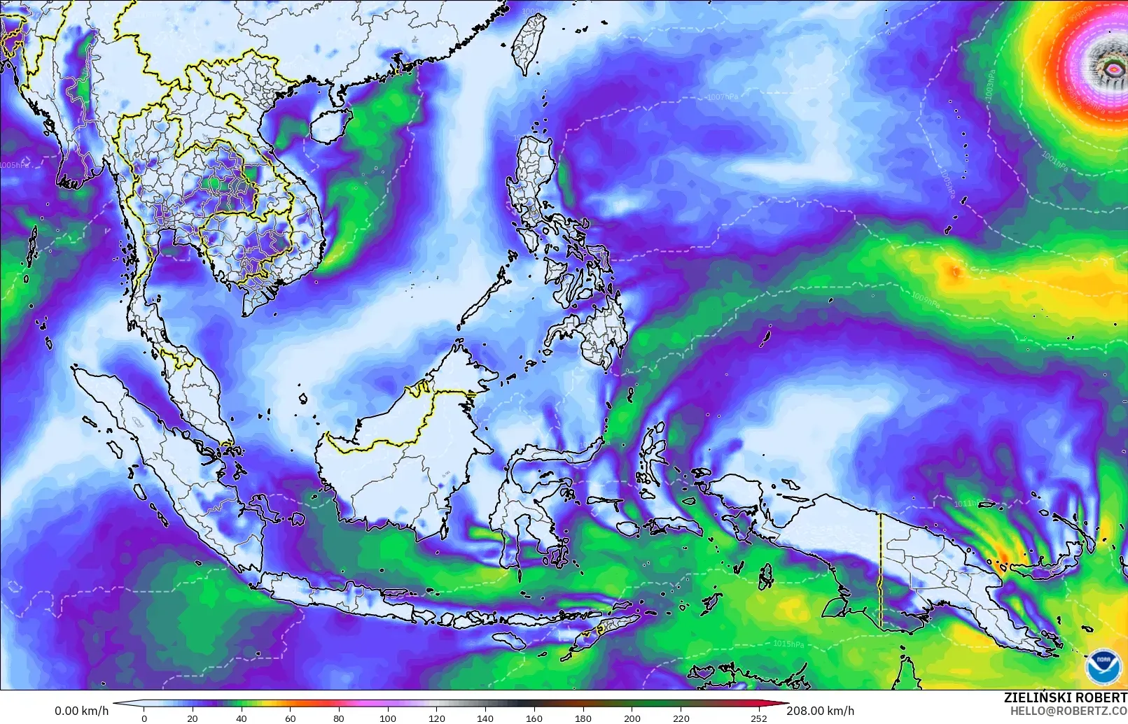 GFS modelo - Sudeste Asiático, Ráfagas de viento