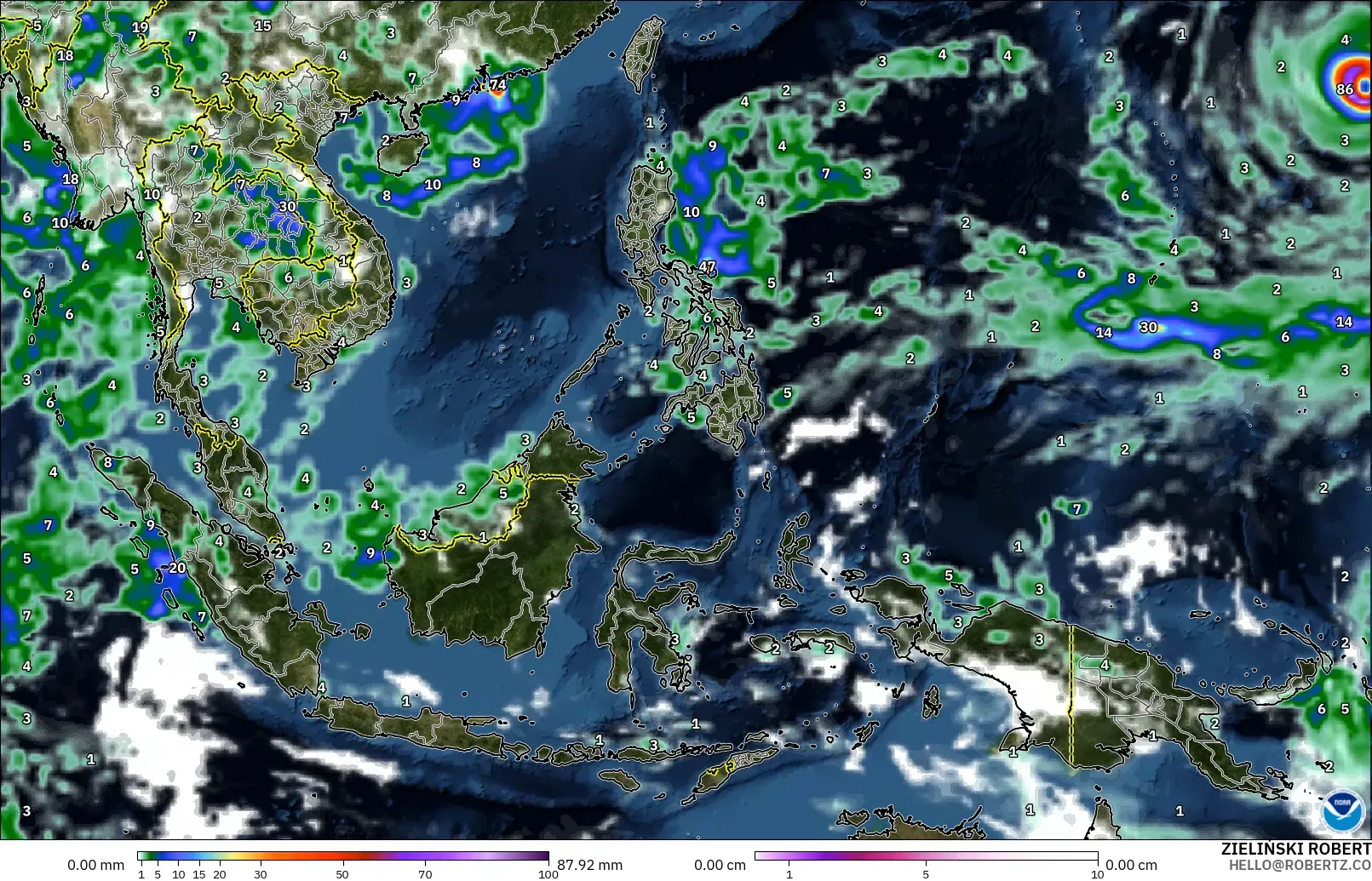 GFS modelo - Sudeste Asiático, Precipitación, nubes y presión