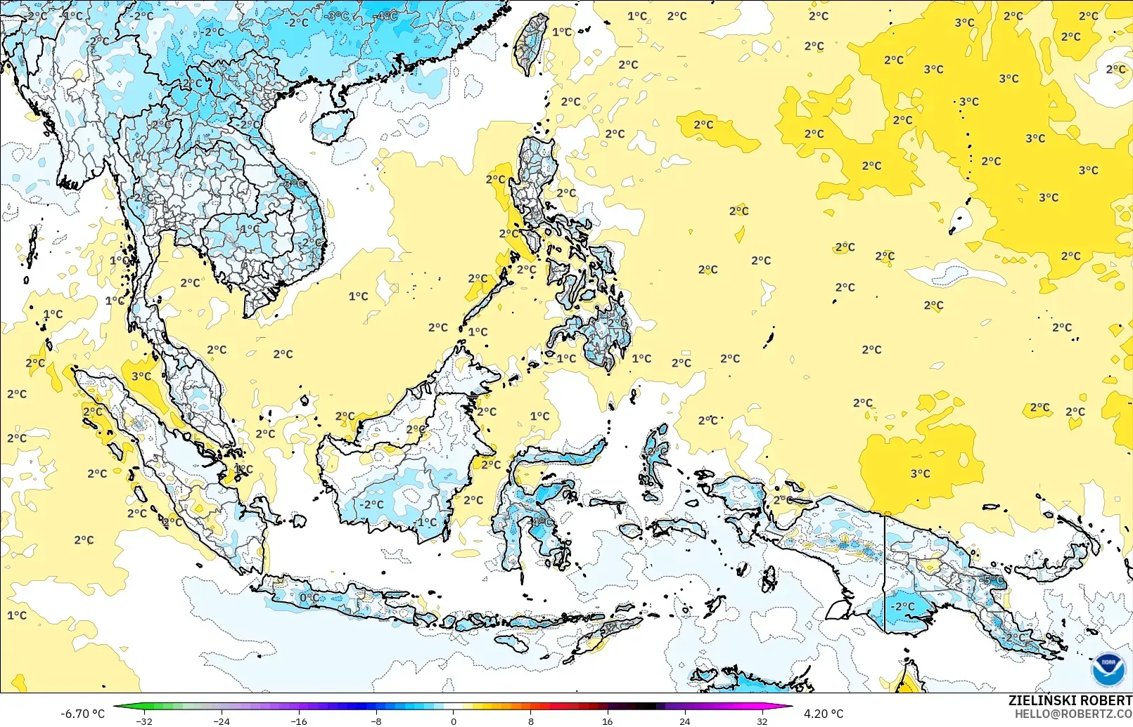 GFS modelo - Sudeste Asiático, Anomalía de temperatura a 2 m