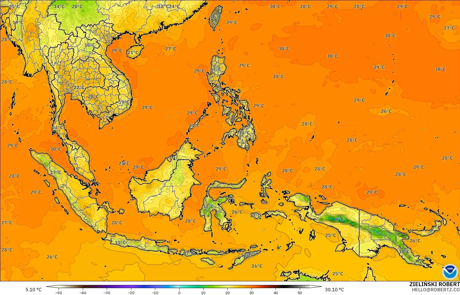 GFS modelo - Sudeste Asiático, Temperatura a 2 m