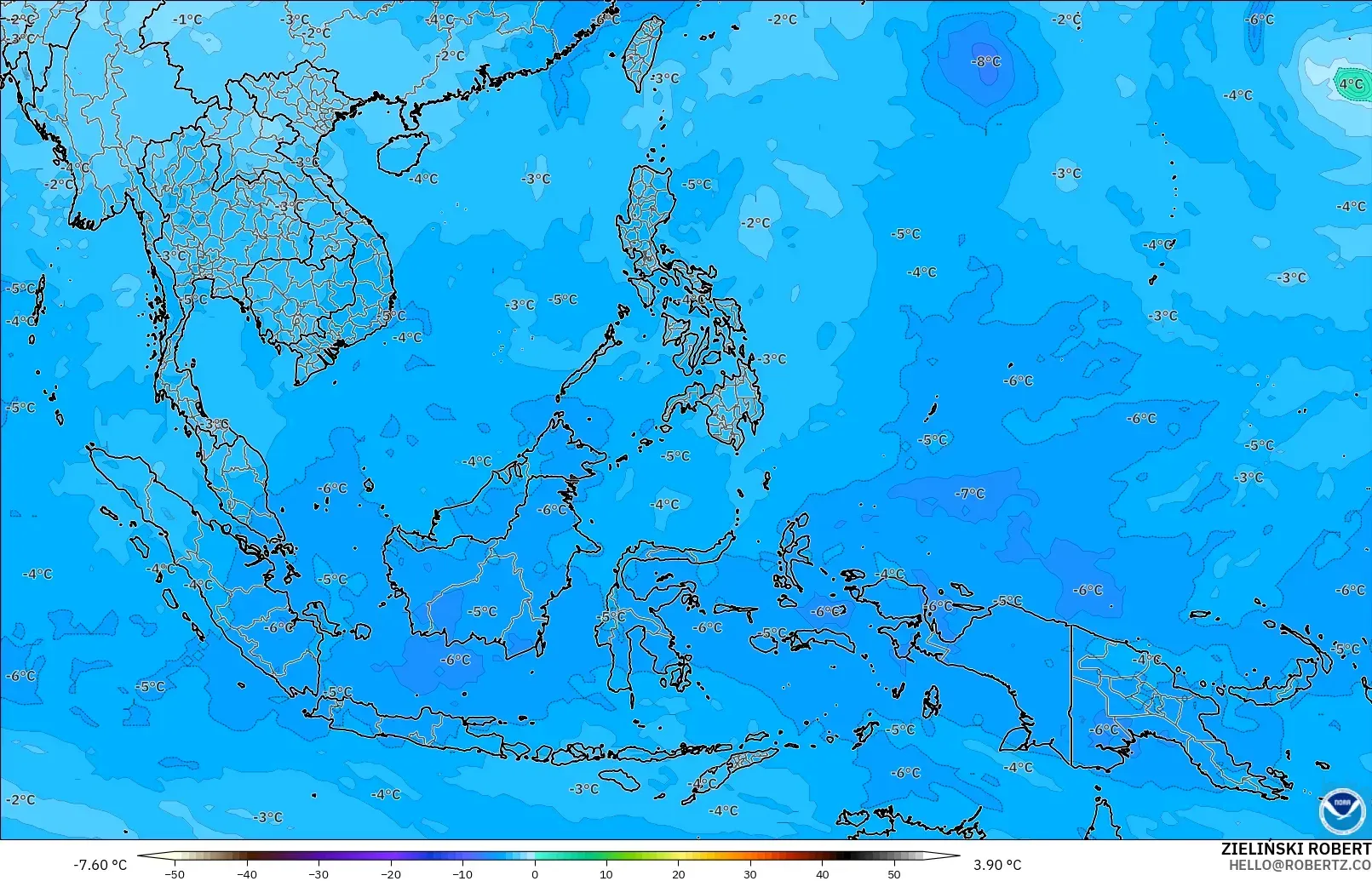 GFS modelo - Sudeste Asiático, Temperatura a 500 hPa